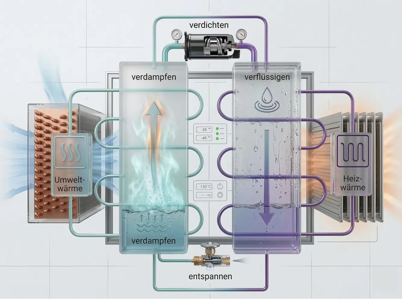 Funktionsweise einer Wärmepumpe: Verdampfen, Verdichten, Verflüssigen, Entspannen